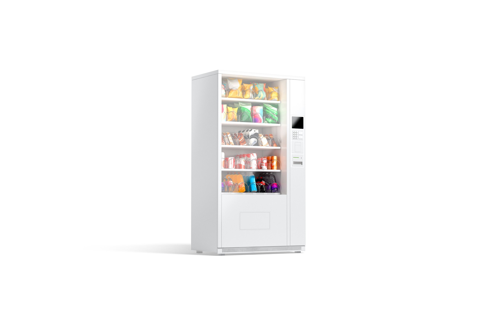 Blank white vending machine with snacks and drinks mockup, isolated